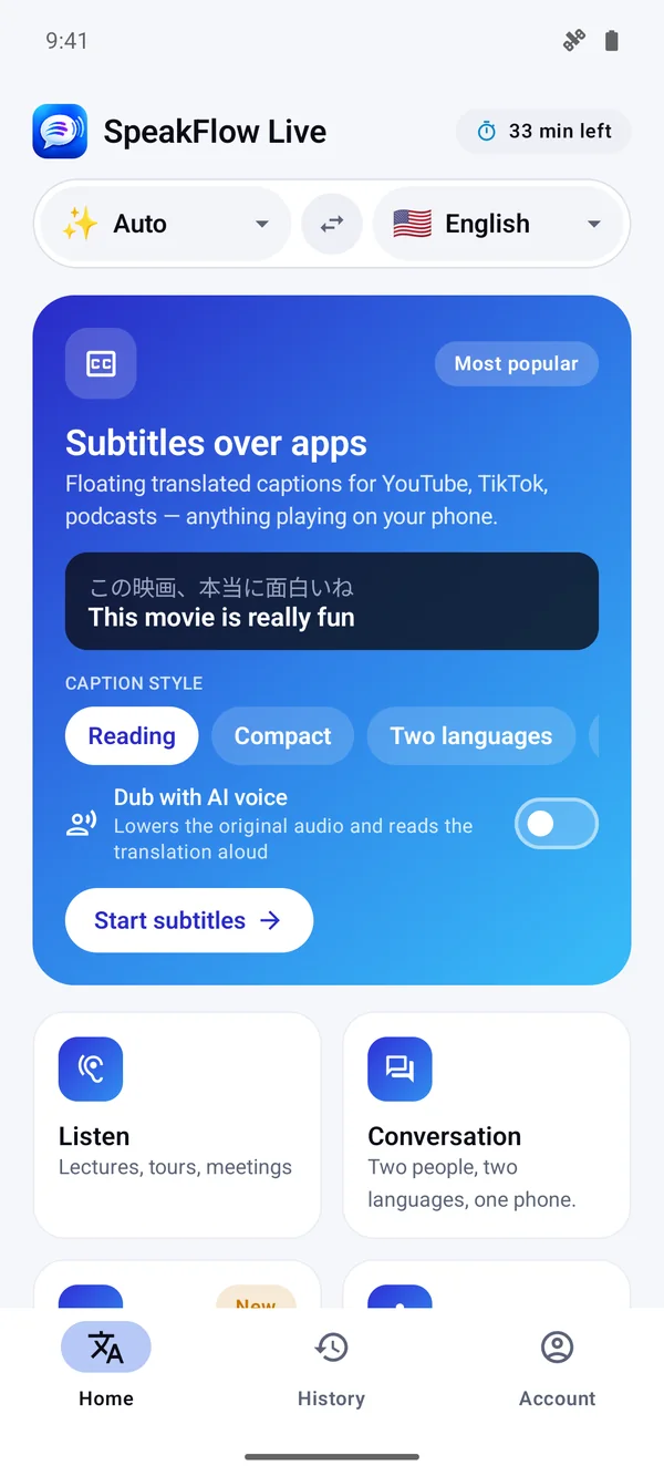 SpeakFlow home screen on Android